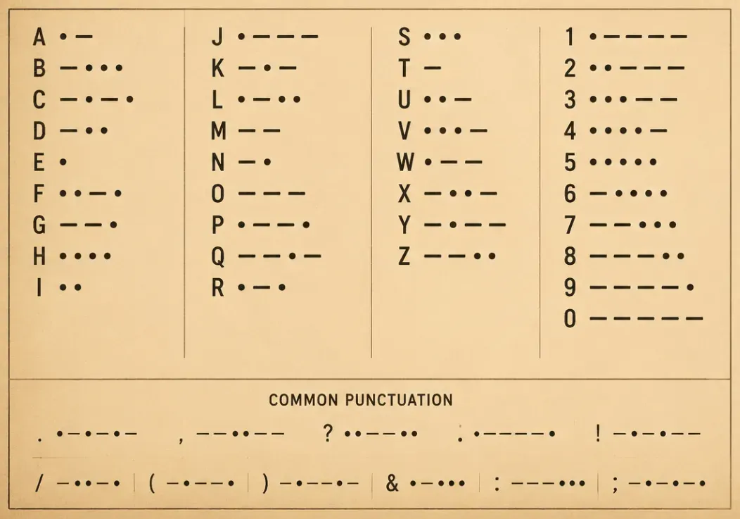 Complete Morse Code Alphabet Chart showing letters A-Z and numbers 0-9 with their corresponding dot and dash patterns